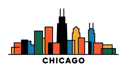 Fototapeta premium Chicago Skyline: A vibrant and minimalist illustration captures the essence of the iconic Chicago skyline, showcasing its unique architectural identity. 