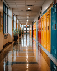 Fototapeta premium School Hallway with Lockers: A well-lit school hallway features a row of colorful lockers on one side and windows, creating a sense of order and structure.