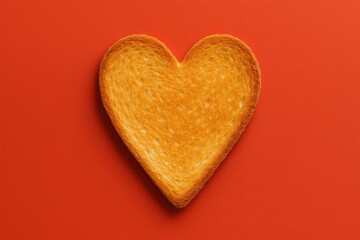 Heart shaped toast on red background, minimal food concept symbolizing love and affection. Crispy golden toast for romantic breakfast, perfect for Valentine day