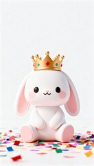 Tiny bunny wearing a New Year crown sitting on colorful confetti floor minimal 3D cute toy