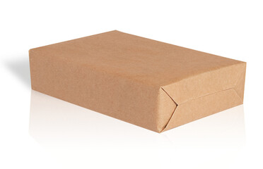 A rectangular box wrapped in kraft paper on a white background with reflection.