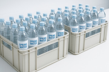 Sealed spring water bottle packed into crate on clean background. large supply of pure mineral water ready for distribution from factory, conveying freshness and hydration
