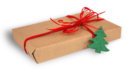 A rectangular gift wrapped in kraft paper, decorated with a red ribbon and a green Christmas tree-shaped tag on a white background.