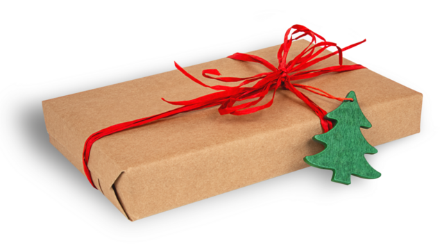 A rectangular gift wrapped in kraft paper, decorated with a red ribbon and a green Christmas tree-shaped tag on a white background.