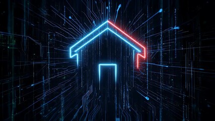 A house outline rendered in neon, with electric circuits forming a background. The outline is in the form of a circuit board house - Powered by Adobe