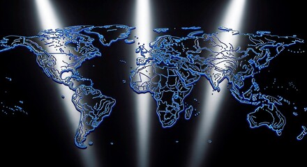 3D Rendering of World Map Globe with Glowing Blue Outline on Black Background