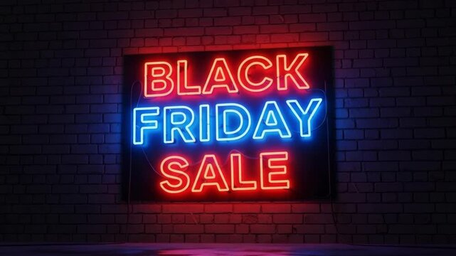 Dynamic Black Friday sale announcement with vibrant glowing neon lights against a rustic brick wall background video