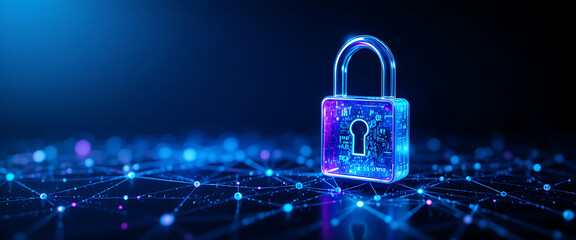 abstract glass dark blue gradient glowing futuristic connected point blur glass circuit wall, 3d digital lock with deep key hole made of glass in purple, blue, and cyan colors, copy space in the right