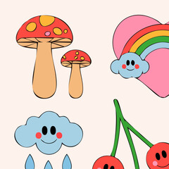 Whimsical Retro Cartoon Illustration with Mushrooms Rainbow Clouds and Cherries.