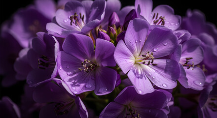 Close up of vibrant purple flowers with water droplets against transparent background