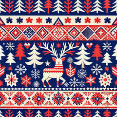 seamless christmas winter pattern, nordic scandinavian style, red, navy blue, white, © Bilkis