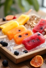 Vibrant red, orange, and yellow popsicles cool on crushed ice in a wooden tray, vertical composition. Fresh berries and citrus slices complete these refreshing summer treats.