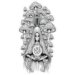 Cloaked Mystic with Lotus Relic in Mushroom Forest – Surreal Black and White Fantasy Line Art