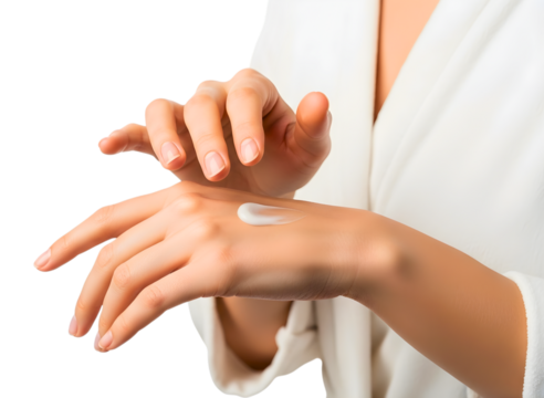 Woman applying cream to her hand isolated on transparent background