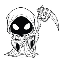Cute Grim Reaper with Glowing Eyes and Scythe – Whimsical Black and White Dark Fantasy Line Art