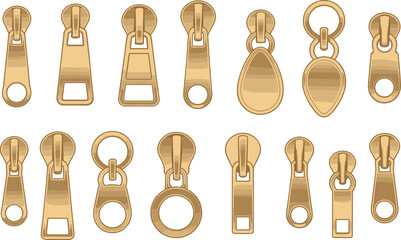 Gold zipper pull collection, fashion hardware vector, garment accessory illustration, stylish zip design, clothing detail sketch, cad drawing flat vector illustration