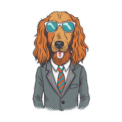 Humanized Irish Setter breed dog dressed up in retro outfits. Design for dogs lovers. Fashion anthropomorphic doggy illustration. Animal wear suit, tie, glasses. Hand drawn vector .icon
