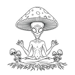 Meditating Alien with Mushroom Head – Surreal Black and White Psychedelic Line Art