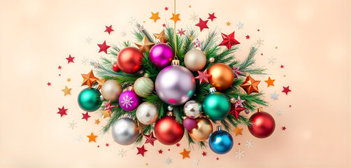 Obraz premium A festive explosion of colorful Christmas ornaments, baubles, stars, and snowflakes against a soft glowing background. Cheerful, decorative, horizontal composition.
