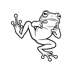 Expressive Cartoon Frog in Dynamic Pose – Black and White Whimsical Line Art