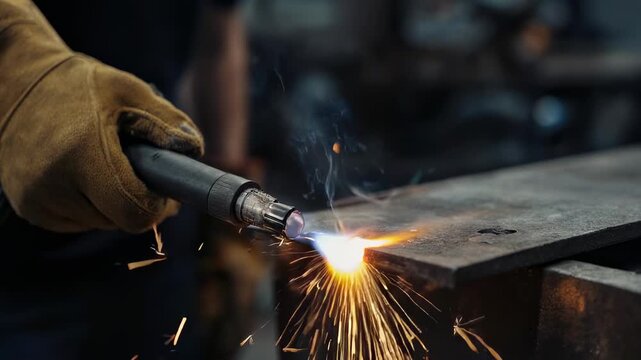 A metal worker expertly welding metal sheets. The close-up shot focuses on the process, sparks flying