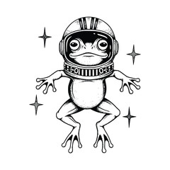 Leaping Astronaut Frog in Space – Surreal Black and White Sci-Fi Line Art