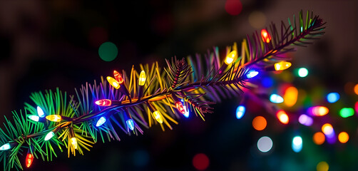 Pine branches wrapped in colorful glowing Christmas lights, soft bokeh background, cozy and cheerful festive atmosphere, horizontal composition.