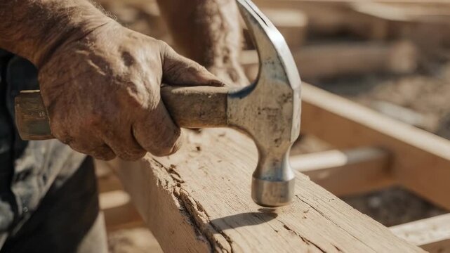 A builder expertly hammering a screw into a wooden plank, the focus on the precision and skill of the action
