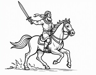 Fototapeta premium Warrior Rider on Horse with Sword - Black and White Line Art
