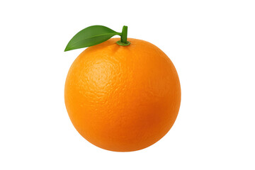 Bright orange citrus fruit with green leaf and small stem, featuring smooth, rounded rind on transparent background