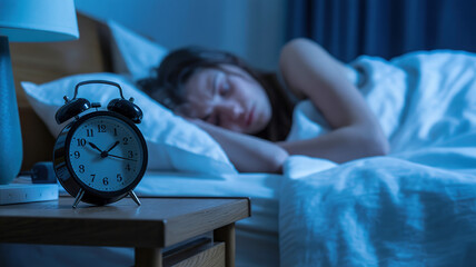 Alarm clock glowing beside messy sheets depicts insomnia and mental exhaustion. Mental health and sleeping problems concept