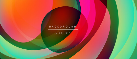 Fototapeta premium Abstract colorful layers create dynamic circular design. Vibrant gradients blend, forming modern background. Text reads background design.