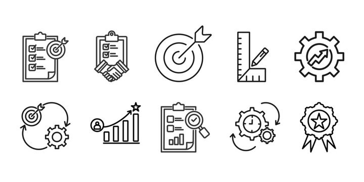 key performance indicator (kpi)  icon set collection in outline style. Icon pack contain KPI, objective,akuntability,target,  measurement, optimization, strategy, performance, evaluation,achievement, 