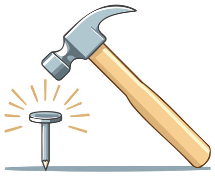 Cartoon claw hammer hitting a nail on the head representing success precision and construction