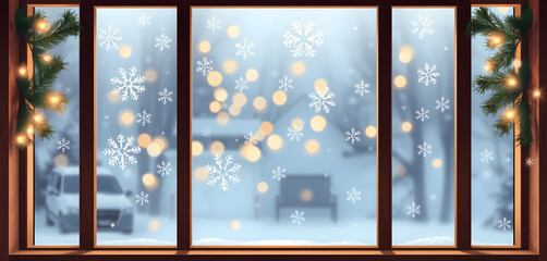 A frosted glass window with snowflake patterns, soft warm lights inside, pine decorations along the frame, cozy festive atmosphere, horizontal illustration.