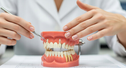 Hands of a medical university teacher illustrating tooth anatomy with a detailed dental model