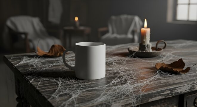 A captivating mockup presents a white mug on a cobwebdraped table with candles, creating a mysterious and atmospheric setting for halloweenthemed designs