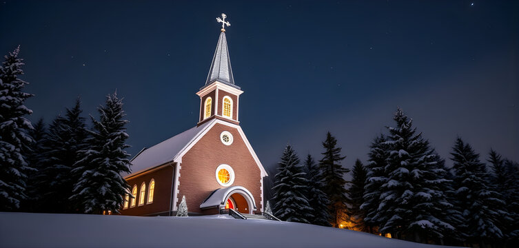 A snow-covered church tower at night, glowing windows, subtle Christmas lights, surrounding pine trees, starry sky above, peaceful winter festive scene, horizontal composition. - Powered by Adobe
