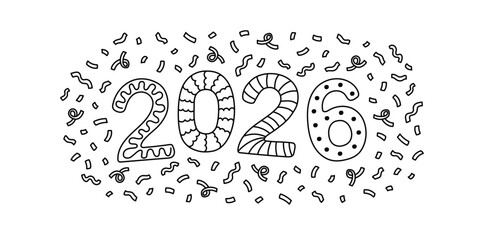 Hand drawn outline doodle numbers 2026 and confetti. Design element for print, greeting card, poster, invitation