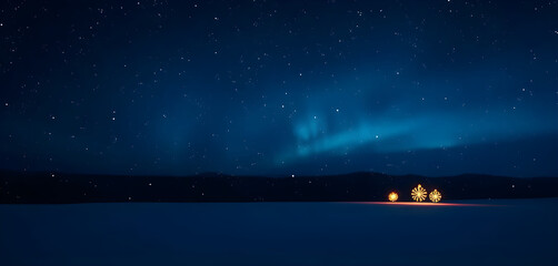 A dark blue starry night sky with subtle northern lights, soft falling snow, glowing Christmas ornaments in the distance, magical horizontal background.