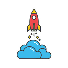 Bright Red Rocket Launching Upward With Flames.