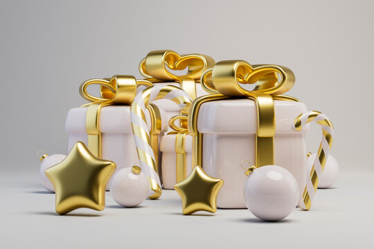 3D white gift holiday setup with candy canes and stars