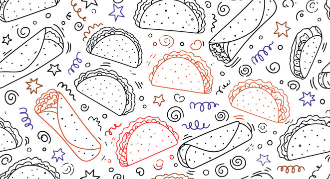 Seamless pattern background of tacos and burritos with playful doodle elements