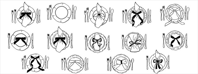 Set of whimsical hand drawn ink doodle plate dinner illustration. Sketch style brunch,lunch or dinner icons. Vector table serving Illustrations for invitations, menus and parties.
