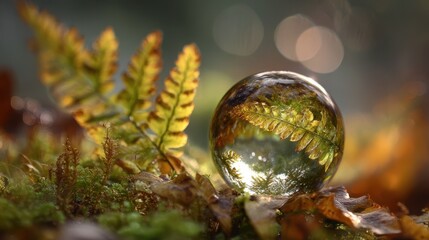 A crystal orb reflects vibrant ferns in a serene forest setting, showcasing nature's beauty.