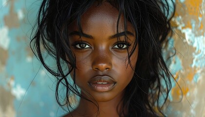 Captivating Portrait of a Young Woman with Dark Skin and Intense Gaze.
