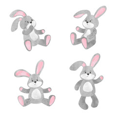 Cute cartoon bunny toys set. Vector watercolor illustration of rabbits