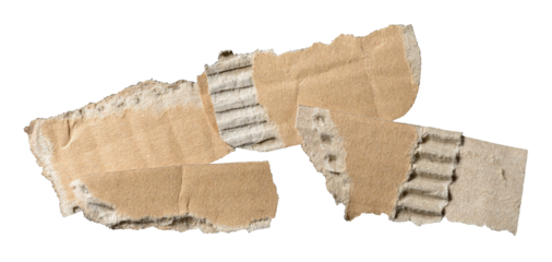 Heap or stack of isolated torn pieces of brown corrugated cardboard with texture and fine details, transparent png background design element