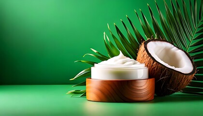 Shell of Natural Coconut Cream with a Palm Leaf on a Green Background