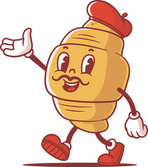 Retro styled vintage cartoon french croissant mascot vector illustration